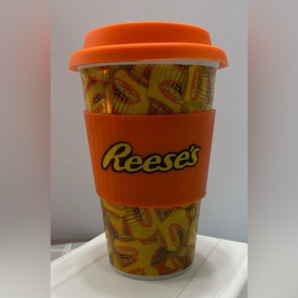 Reese's Peanut Butter Cup 12 oz Ceramic Cup Travel Mug with silicone grip & lid